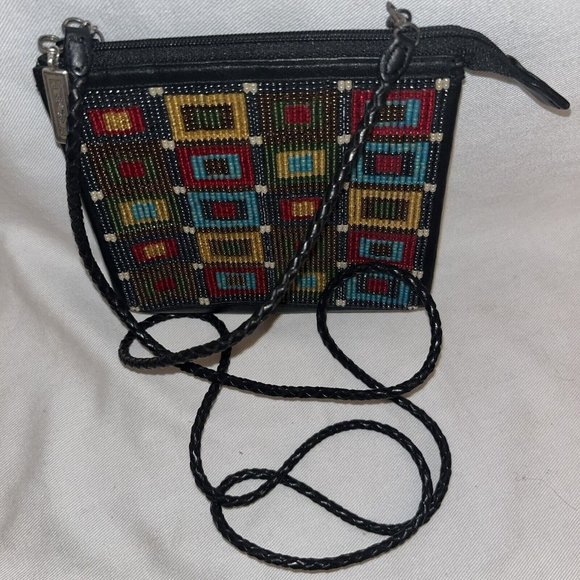 Brighton Geometric Beaded Bag Black Leather Braided Shoulder Strap Approx 5x5” - Picture 2 of 12